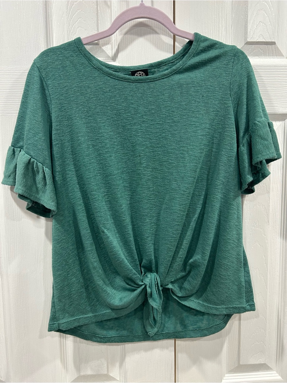 Bobeau Teal Green Short Sleeve Tie-Front Ruffle Top
